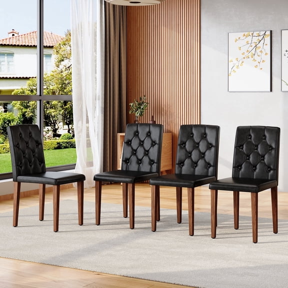 TesNus Dining Chairs Set of 4, 35" Height Black PU Leather Tufted Back Upholstered Chairs with Walnut Metal Legs for Dining Room Kitchen