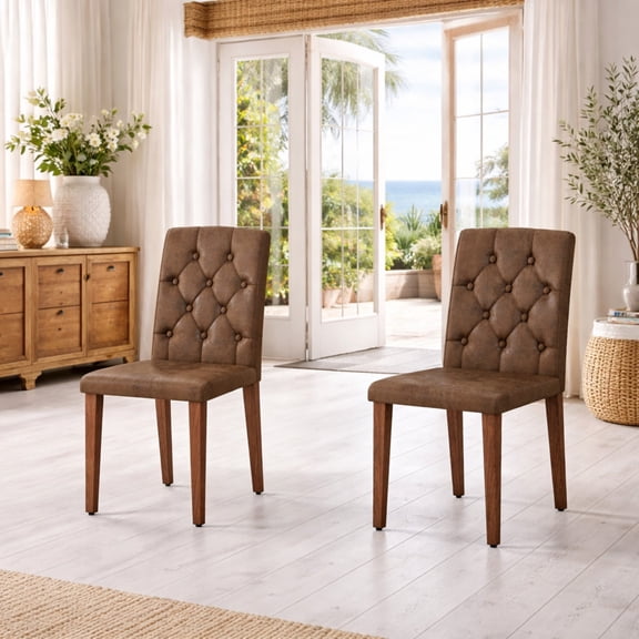 TesNus Dining Chairs Set of 2, 35" Height Brown Fabric Tufted Back Upholstered Chairs with Walnut Metal Legs for Dining Room Kitchen