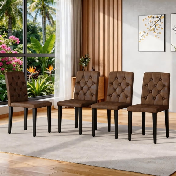 TesNus Dining Chairs Set of 4, 35" Height Brown Suede Fabric Tufted Back Upholstered Chairs with Black Metal Legs for Dining Room Kitchen