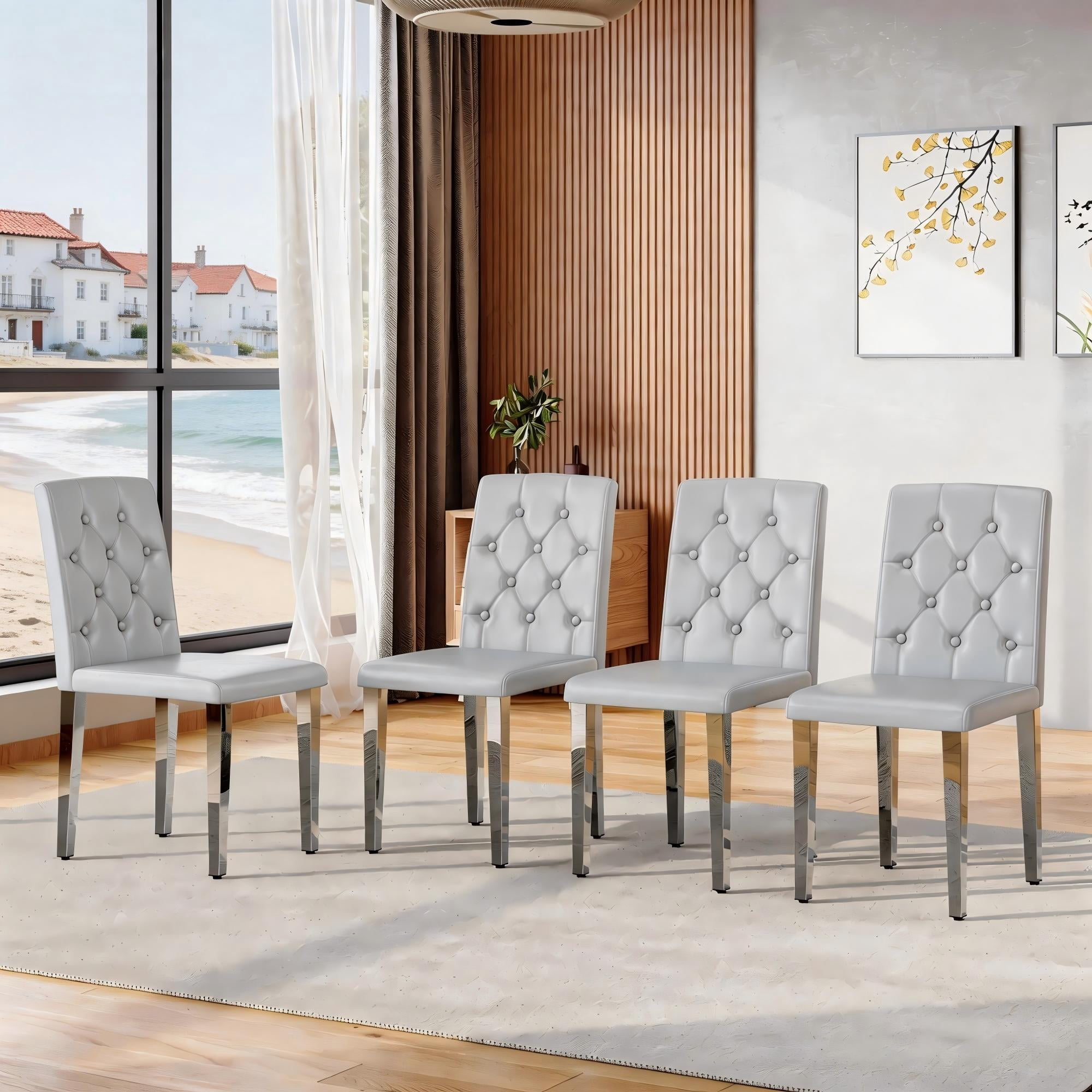 TesNus Dining Chairs Set of 4, 35" Height Light Gray PU Leather Tufted Back Upholstered Chairs with Silver Metal Legs for Dining Room Kitchen