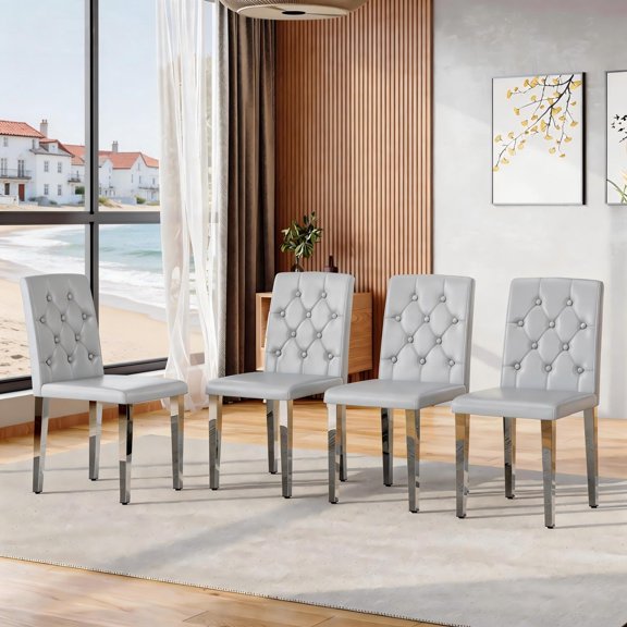 TesNus Dining Chairs Set of 4, 35" Height Light Gray PU Leather Tufted Back Upholstered Chairs with Silver Metal Legs for Dining Room Kitchen