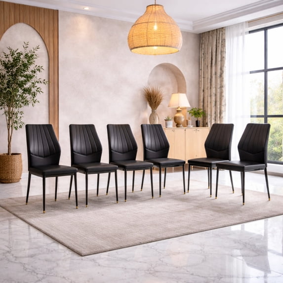 TesNus Dining Chairs Set of 6, 37 Inch PU Leather Upholstered Black Seat with Silver Metal Legs, Modern Kitchen Dining Room