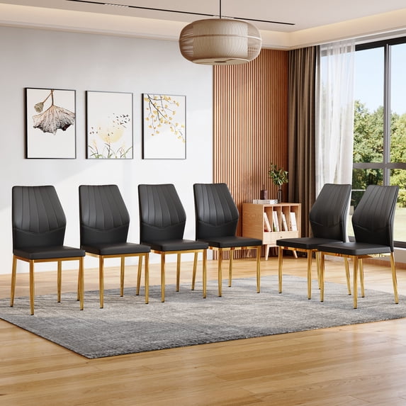 TesNus Dining Chairs Set of 6, Black PU Leather Chairs with Gold Metal Legs 37 Inch for Dining Room Kitchen
