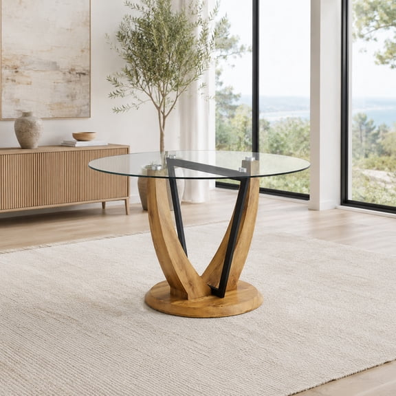 TesNus Dining Table 42 Inch Round Clear Tempered Glass Wood Grain V Shaped MDF Legs for 4