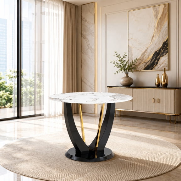 TesNus Dining Table 42 Inch Round Marble Pattern Tempered Glass V Shaped Black MDF Legs