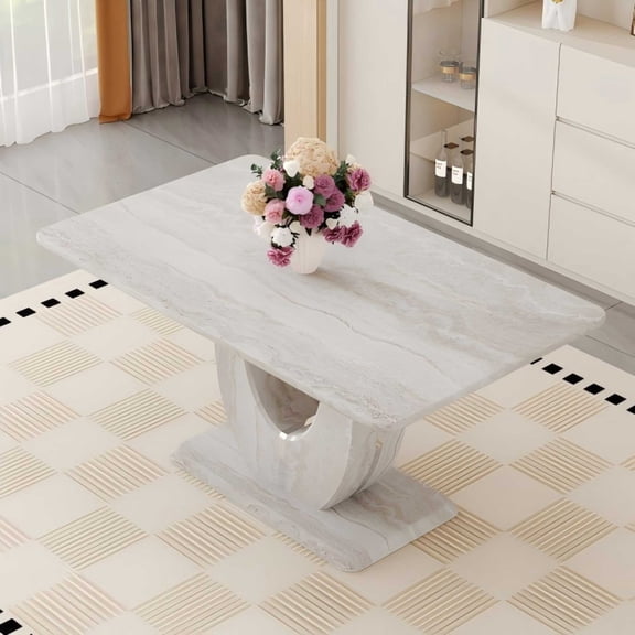TesNus Dining Table 63 Inch Natural Wood Faux Marble Modern Rectangular for 6 Persons Kitchen