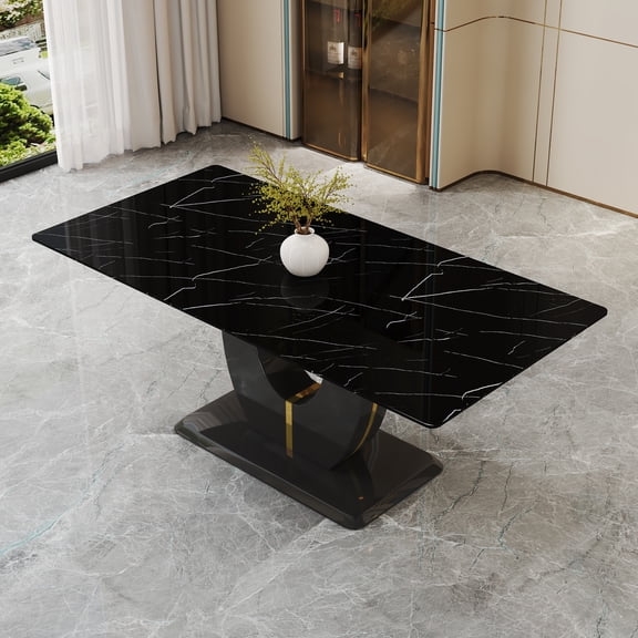 TesNus Dining Table 71 Inch Black Faux Marble Tempered Glass Modern Rectangular Pedestal Base for 6-8 Persons Kitchen