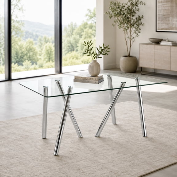 TesNus Dining Table 71 Inch Rectangular White Clear Tempered Glass Electroplated Metal Legs