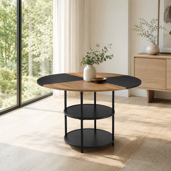 TesNus Dining Table Modern Black Wood Splicing Circular MDF Double Layer Table 47 Inch