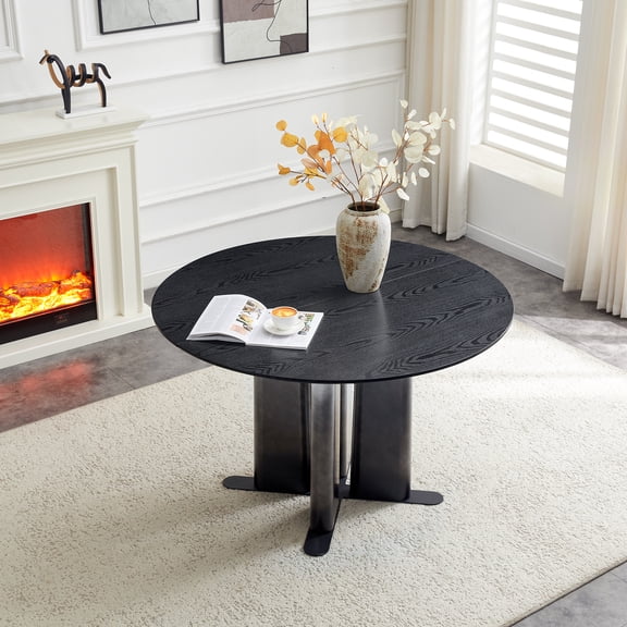 TesNus Dining Table Round Black Wood Grain MDF Cross Base Gradient Legs 47 Inch for Kitchen