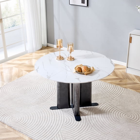 TesNus Dining Table Round White Marble Pattern MDF Cross Base Gradient Legs 47 Inch for Kitchen