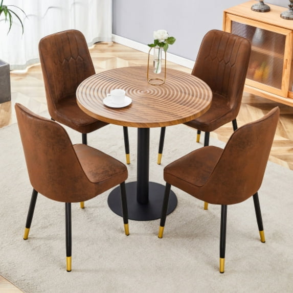 TesNus 5 Piece Round Dining Table Set, 31" Wood Grain Water Wave Table with Brown Upholstered Chairs, Gold Tip Legs for Kitchen and Small Dining Room