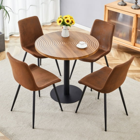 TesNus Dining Table Set for 4, 31” Small Kitchen Table Set for 4, 5 PCS Wood Color Dining Room Table Set with Brown Dining Chairs, Recessed Circular Wave Top Table for Dining Room Kitchen Farmhouse