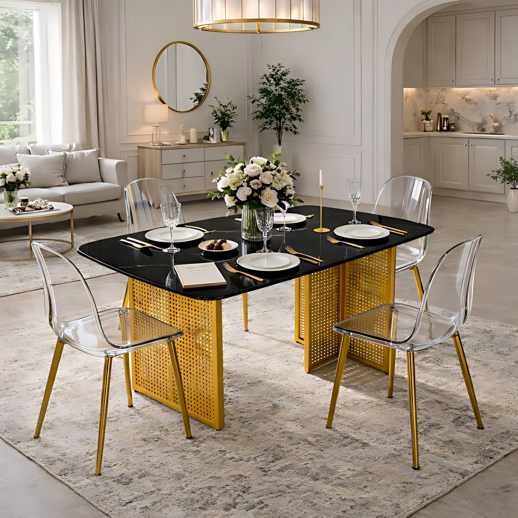 TesNus Dining Table Set for 6, Rectangular Tempered Glass Table with ...