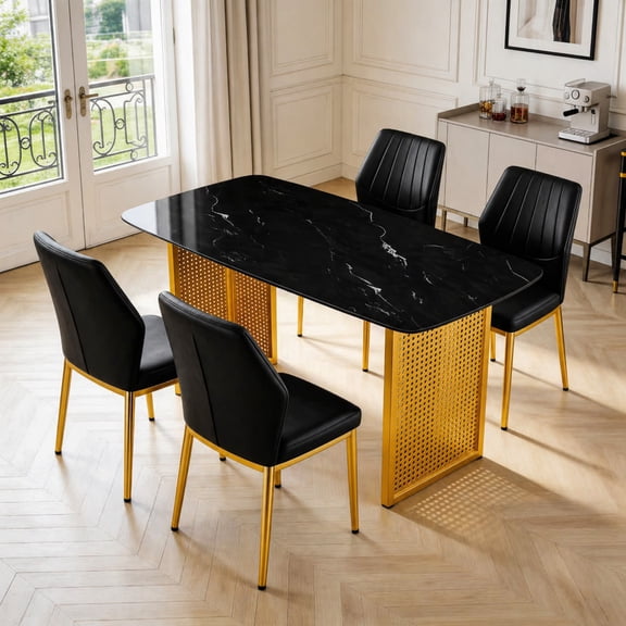 TesNus 5-Piece Dining Set Marble Pattern Tempered Glass Table and 4 PU Leather Chairs with Gold Metal Legs for Kitchen