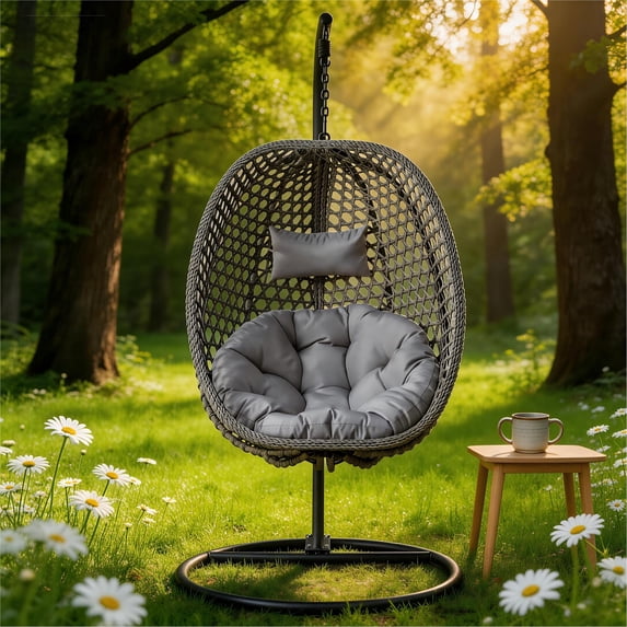 TesNus Egg Swing Chair with Stand, Grey Rattan Hanging Basket Chair with Cushion and Pillow, Indoor Outdoor Lounge Chair for Patio Balcony Backyard
