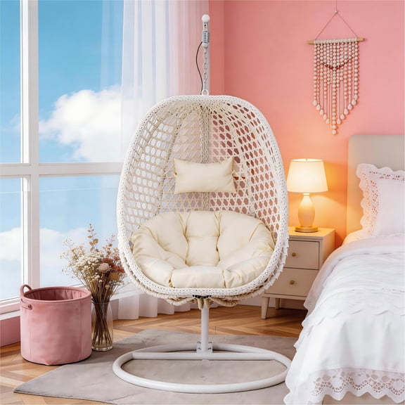 TesNus Egg Swing Chair with Stand, White Rattan Hanging Basket Chair with Cushion and Pillow, Indoor Outdoor Lounge Chair for Patio Balcony Backyard