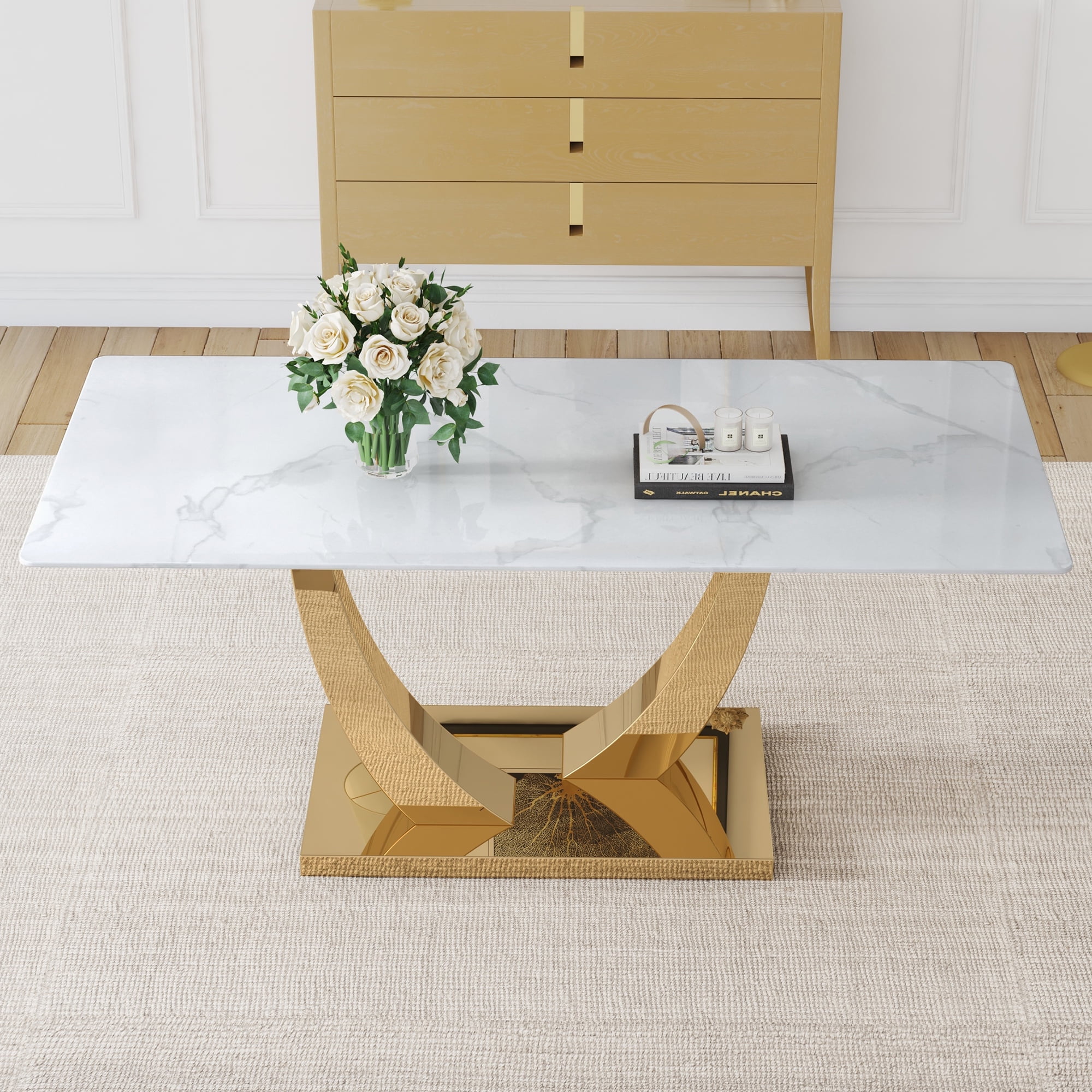 TesNus 71" Rectangular Dining Table, White Faux Marble Glass Top with Gold U Shaped Metal Base for Dining Room