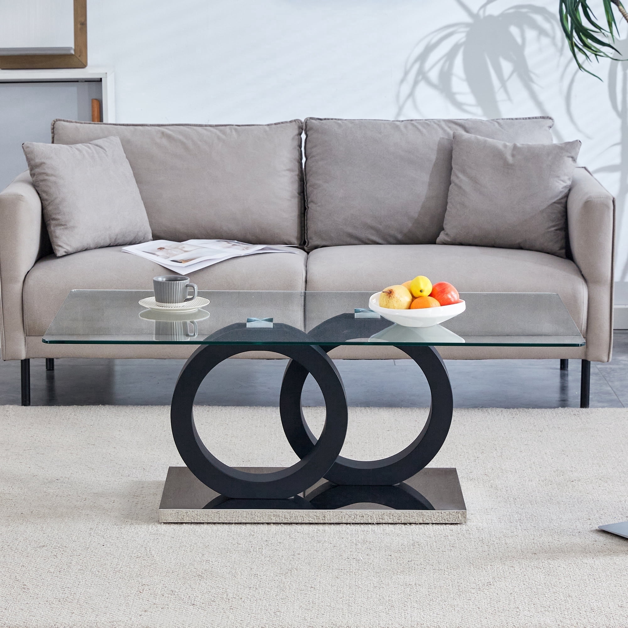 TesNus Glass Coffee Table for Living Room, Modern Rectangular Center Table, 47” Living Room Table with Clear Tempered Glass Top and Steady Black OO Shaped Base