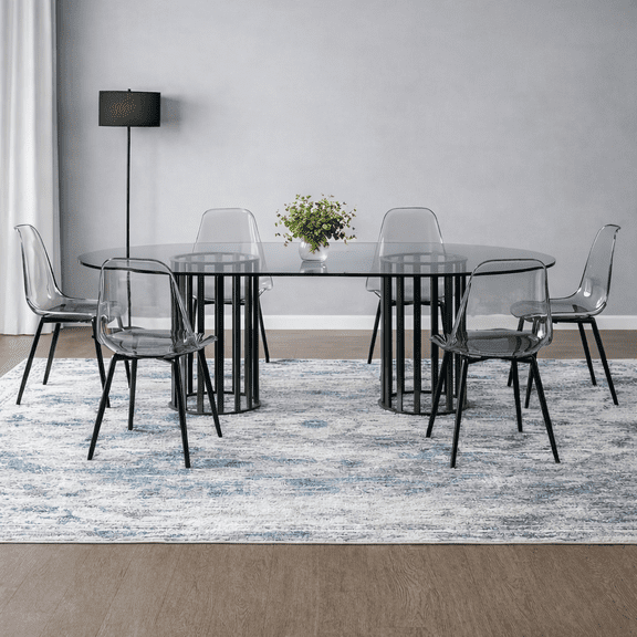 TesNus Glass Dining Table Set for 6, 71" Oval Tempered Glass Table with Black Metal Base and Clear Chairs for Dining Room