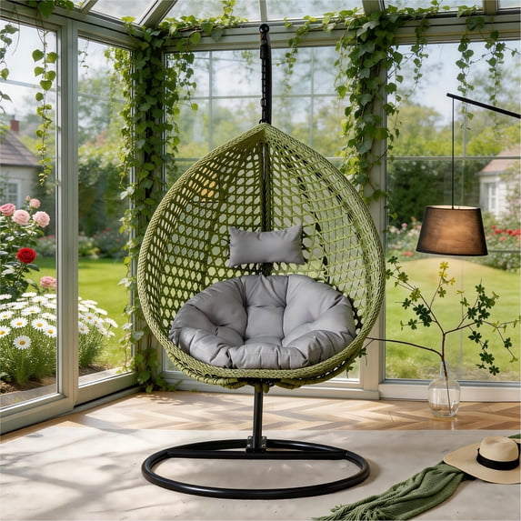 TesNus Green Egg Swing Chair with Stand, Hanging Wicker Egg Chair with Cushions and Pillow, Indoor Outdoor Lounge Chair for Patio Balcony Bedroom