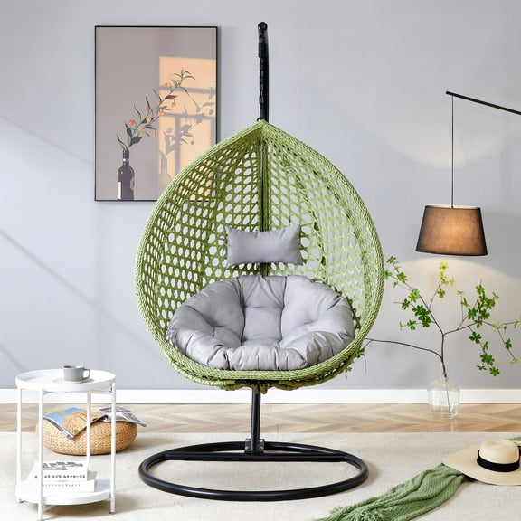 TesNus Green Egg Swing Chair with Stand, Hanging Wicker Egg Chair with Cushions and Pillow, Indoor Outdoor Lounge Chair for Patio Balcony Bedroom