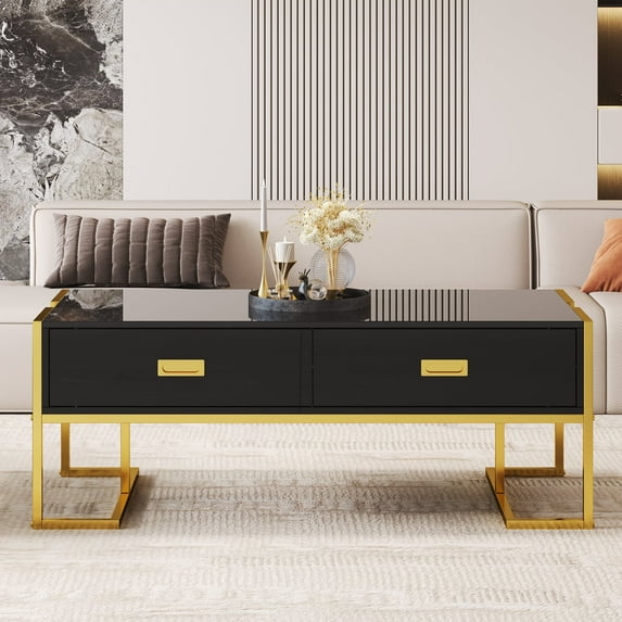 TesNus Modern Black Rectangular Coffee Table 47.3", MDF Table with 4 Drawers and Gold Base for Living Room