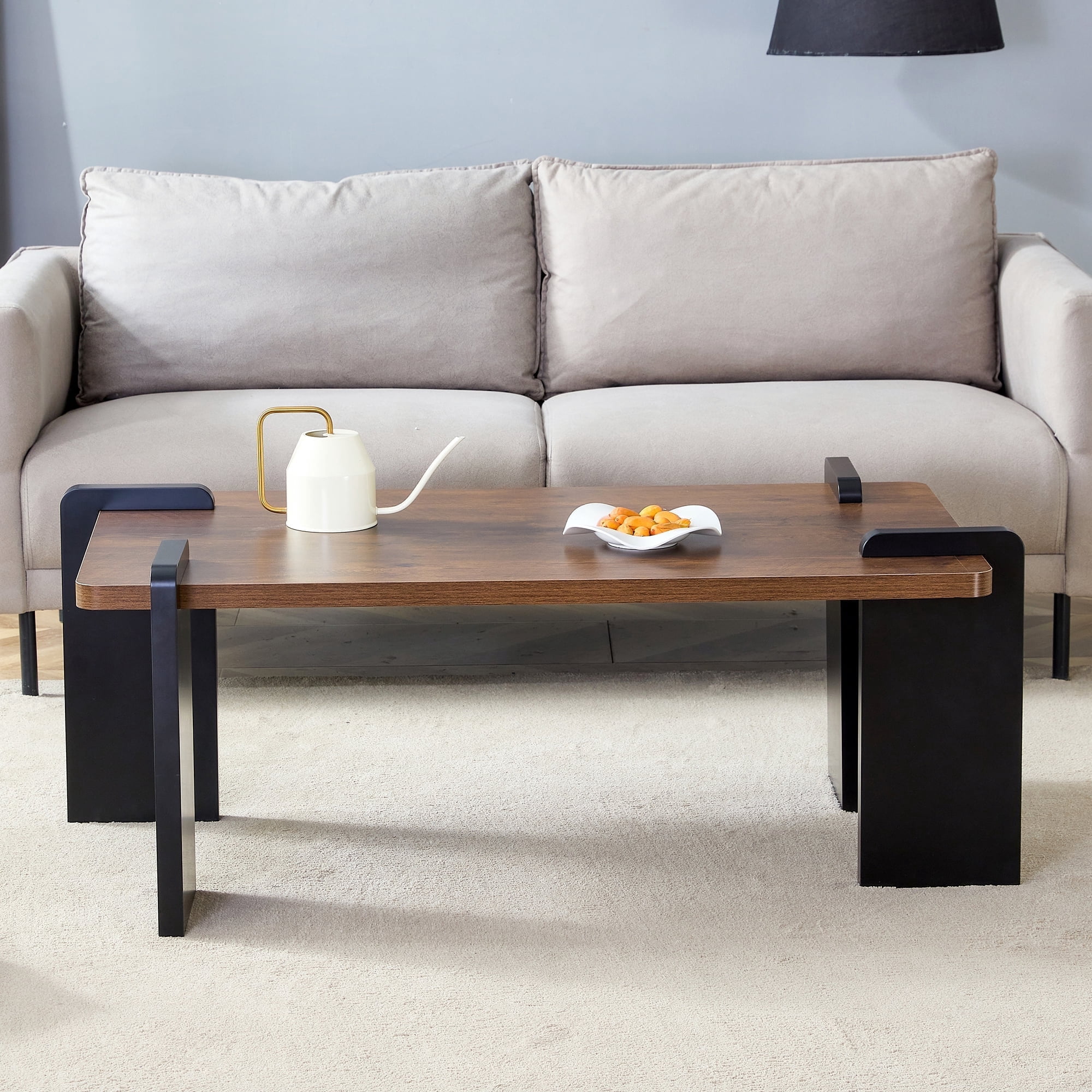 TesNus 39" Walnut Coffee Table, Modern MDF Rectangle Center Table with Black Solid Legs for Living Room Small Space
