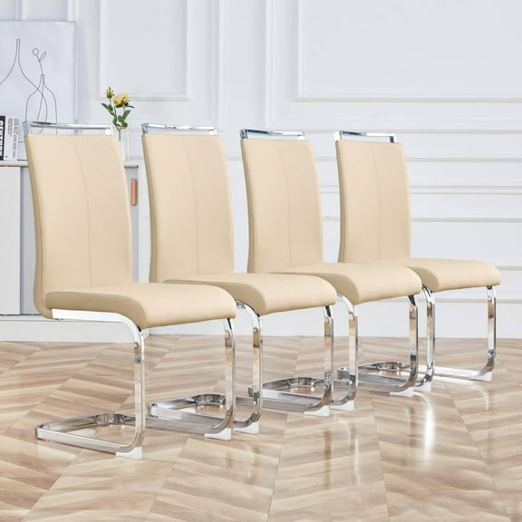 TesNus Dining Chair Set, Beige PU Leather High Back with Chrome Cantilever Frame, Set of 4 for Dining Room