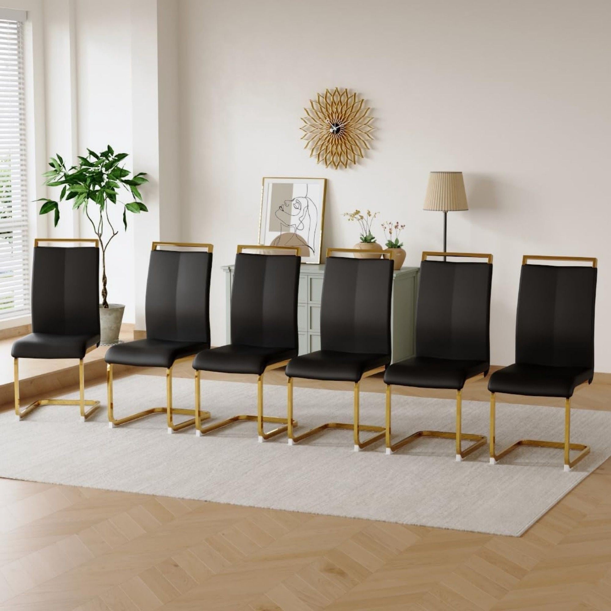 TesNus Modern Dining Chairs Set of 6,High Back Black Kitchen Chairs,Faux Leather Side Chair with Gold Plated Metal Legs,Easy to Clean Upholstered Dining Chairs,Ideal for Living Room(Gold Leg)