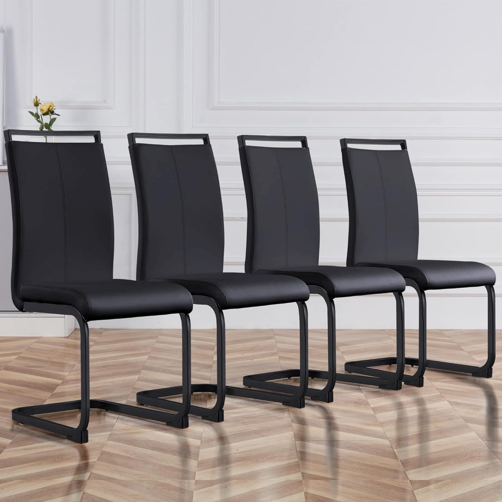 TesNus Modern Dining Set of 4, Side Chairs With Black Frame, Faux Leather Padded Seat High Back for Kitchen, Dining Room, Living Room - Black
