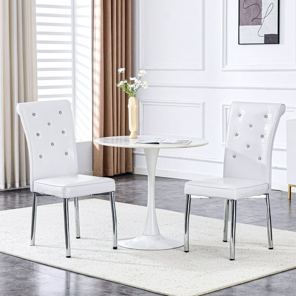 TesNus Modern Glam Dining Chairs Set of 2, White Faux Leather with Crystal-Tufted High Back, Croc Texture, Chrome Metal Legs, Wipe-Clean, Wobble-Free When Leveled, Easy Assembly