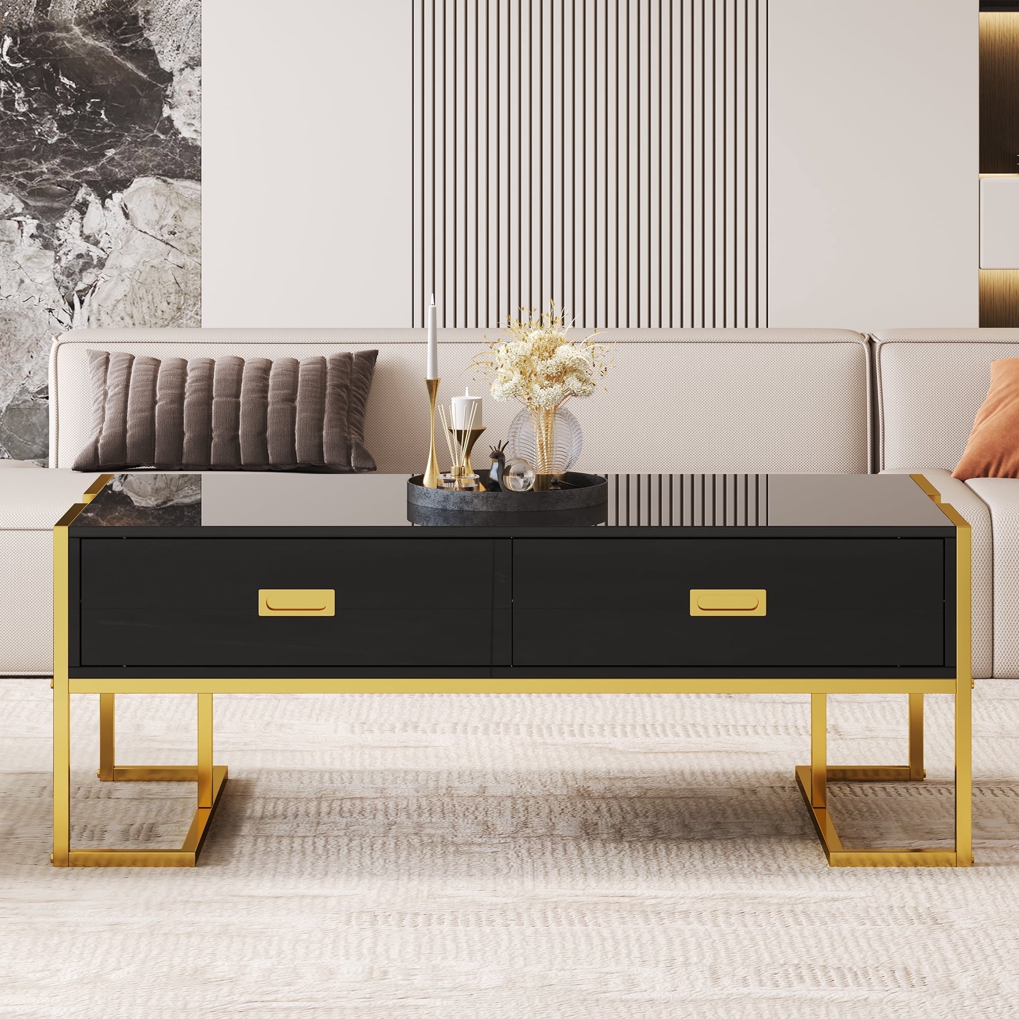 TesNus Modern High Gloss Black Rectangular Coffee Table 47.2", MDF Table with 4 Drawers and Gold Base for Living Room