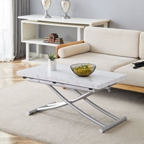 TesNus Lift Top Table, Adjustable Height White Marble MDF Table with Silver Metal Legs for Living Room Dining Office