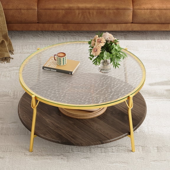 TesNus Modern Round 2-Tier Coffee Table with Glass Top, 29.9" Walnut Accent Table with Gold Metal Base for Living Room