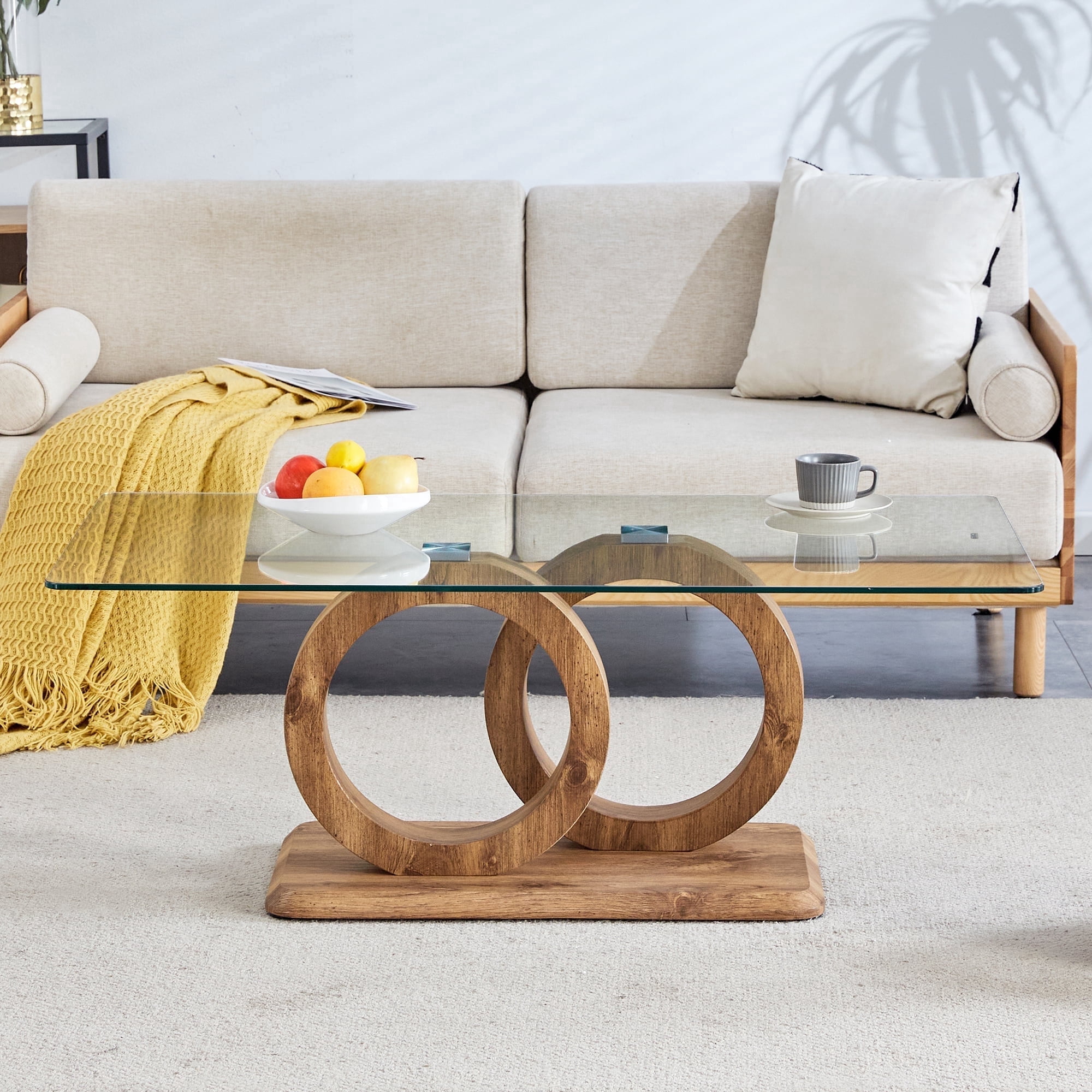 TesNus Modern Style Rectangle Glass Coffee Table for Living Room, Office,47.2" Stylish Center Table with MDF Base, Clear Tempered Glass (Natural)