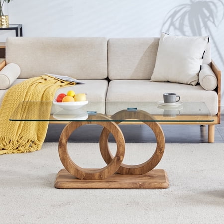 TesNus Modern Style Rectangle Glass Coffee Table for Living Room, Office,47.2" Stylish Center Table with MDF Base, Clear Tempered Glass (Natural)