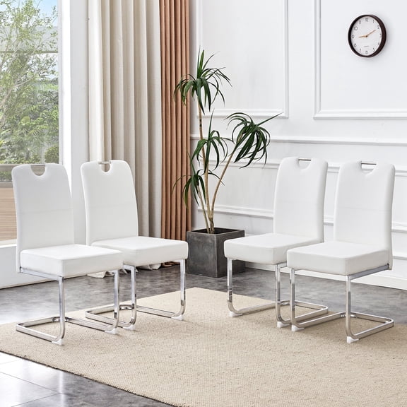 TesNus Dining Chairs Set of 4 White Faux Leather High Back with Chrome Metal Legs for Dining Room Kitchen Office