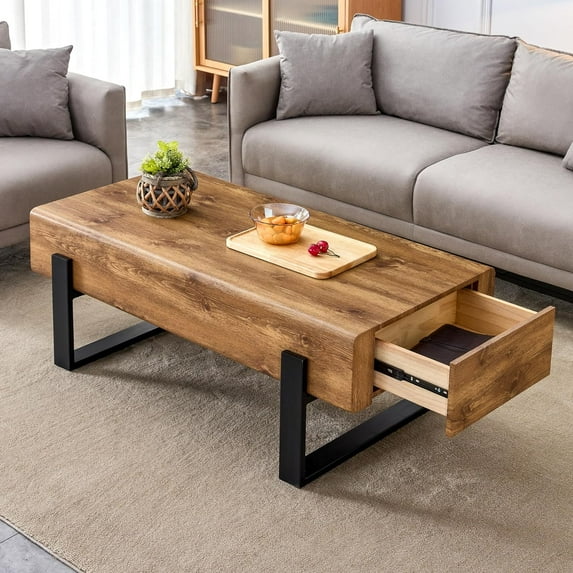 TesNus Rectangle Rustic Coffee Table, Modern Farmhouse Wood Simple Coffee Table with Metal Legs, Center Table for Living Room