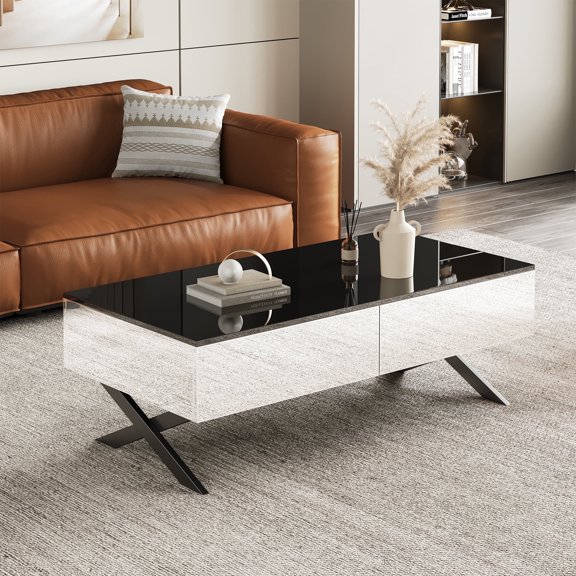 TesNus Rectangular Mirror Coffee Table 47.3", Black High Gloss Top with 2 Drawers and Metal Base for Living Room