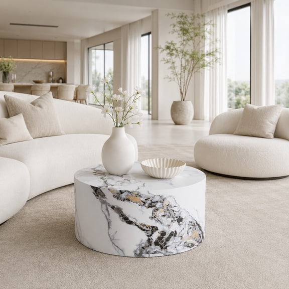 TesNus Round Coffee Table, 23.6 in White Marble Texture MDF Table for Living Room
