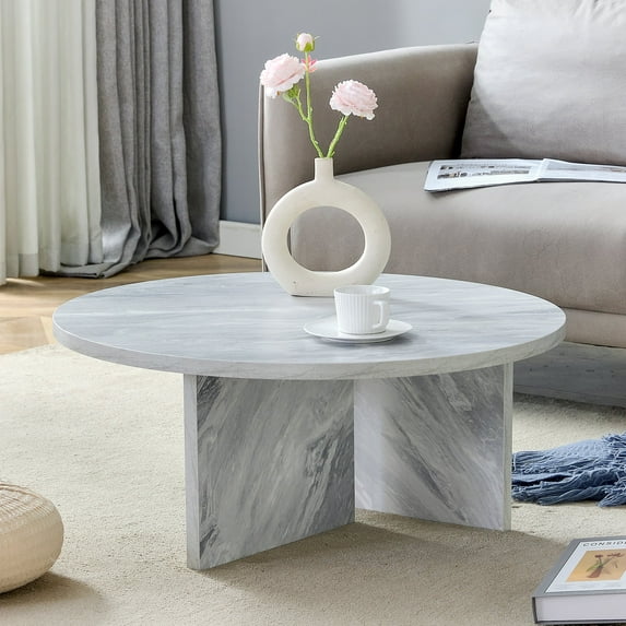 TesNus 31.4 Inch Round Faux Marble Coffee Table with T Shaped Wooden Base Modern Center Table for Living Room and Office