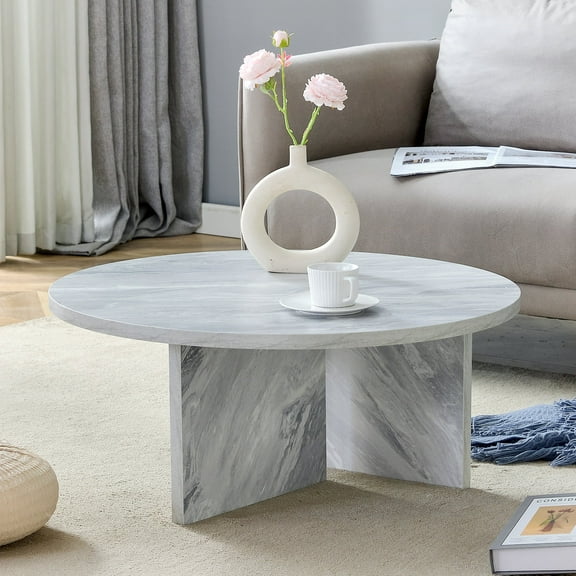 TesNus 31.4 Inch Round Faux Marble Coffee Table with T Shaped Wooden Base Modern Center Table for Living Room and Office