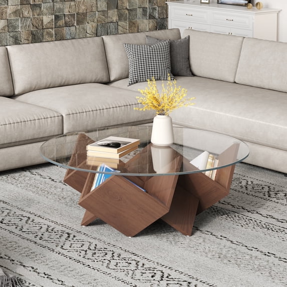 TesNus Round Glass Coffee Table, 35.4" Tempered Glass Top with Walnut Art Deco Base and Storage Shelves for Living Room