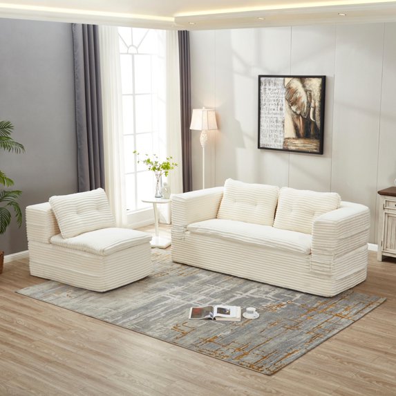 TesNus Sectional Sofa Bed 80", Plush Corduroy Fabric, Foam Filled, with Chaise Lounge and Convertible Blanket, Beige, for Living Room Bedroom
