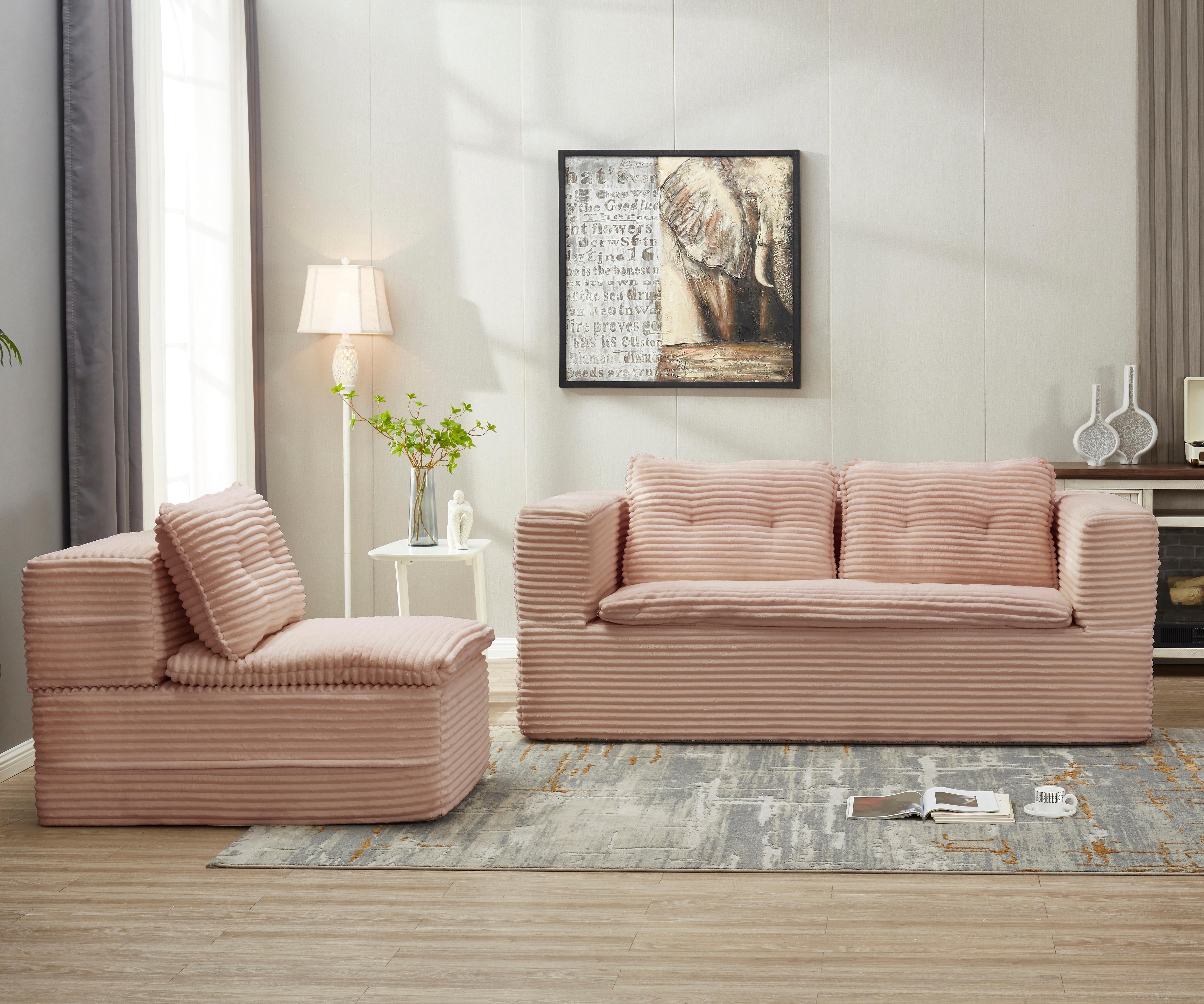TesNus Sectional Sofa Bed 80", Plush Corduroy Fabric, Foam Filled, with Chaise Lounge and Convertible Blanket, Pink, for Living Room Bedroom