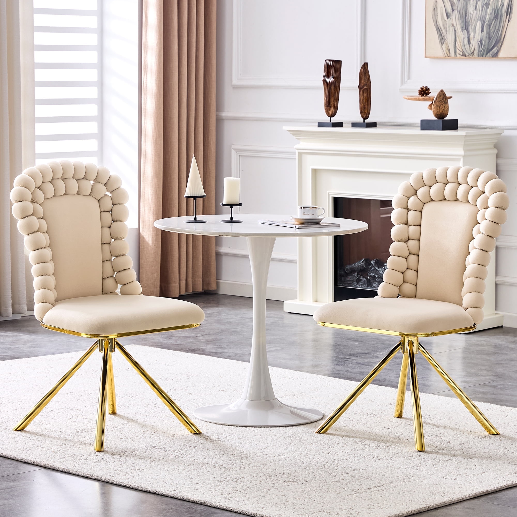 TesNus Set of 2 Beige Velvet Bubble Tufted Swivel Dining Chairs with Gold Metal Legs for Dining Room