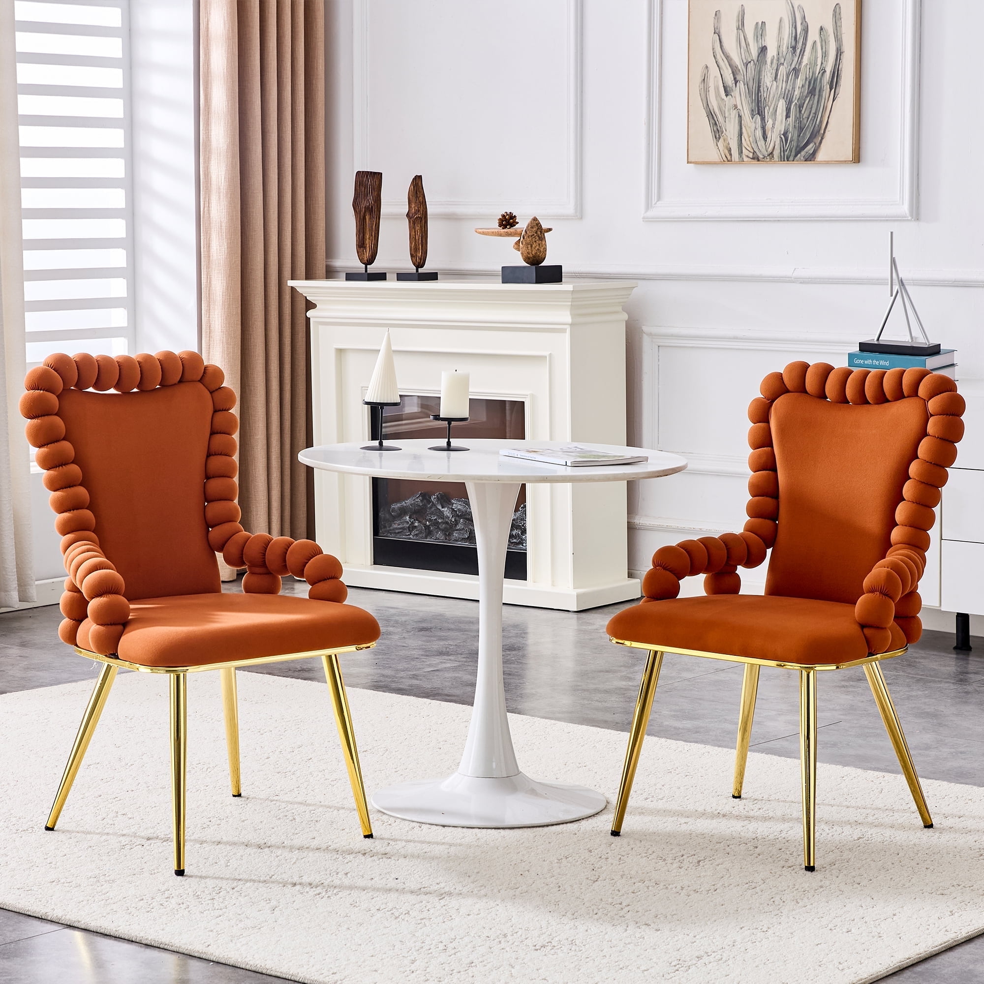 TesNus Set of 2 Brown Velvet Bubble Tufted Dining Chairs with Gold Metal Legs and Armrests for Dining Room