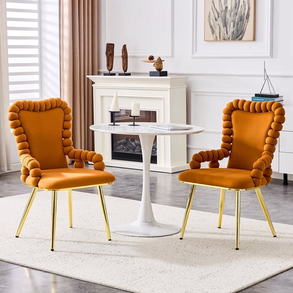 TesNus Set of 2 Orange Velvet Bubble Tufted Dining Chairs with Gold Metal Legs and Armrests for Dining Room