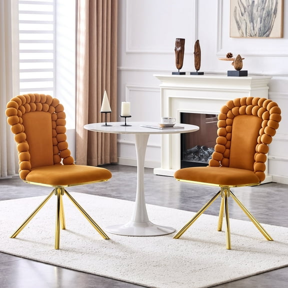 TesNus Set of 2 Orange Velvet Bubble Tufted Swivel Dining Chairs with Gold Metal Legs for Dining Room